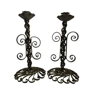 Vintage‎ Wrought Iron Candle Holders Pair Ornate Gold Tone Metal Candlesticks